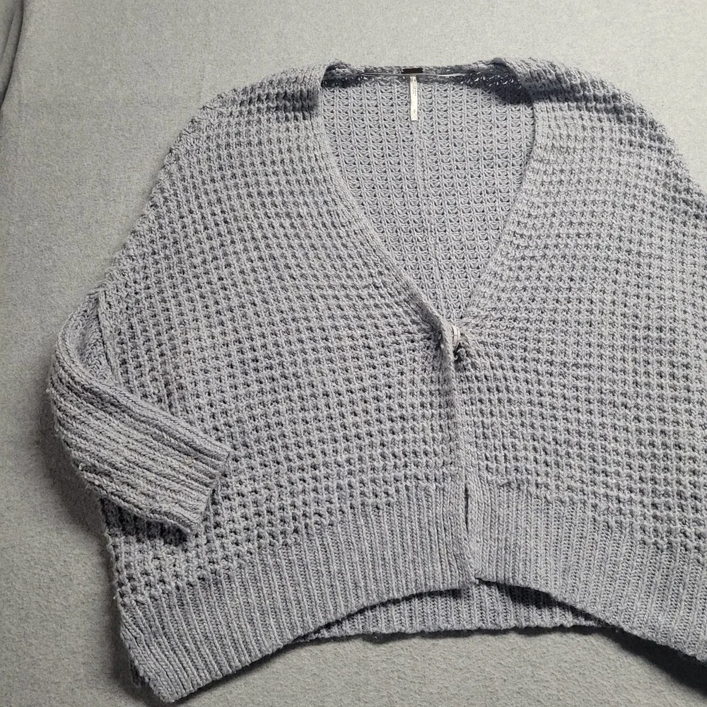 Free People Cocoon Cardigan Sweater Blue Waffle‎ Knit Wool Angora Blend Small